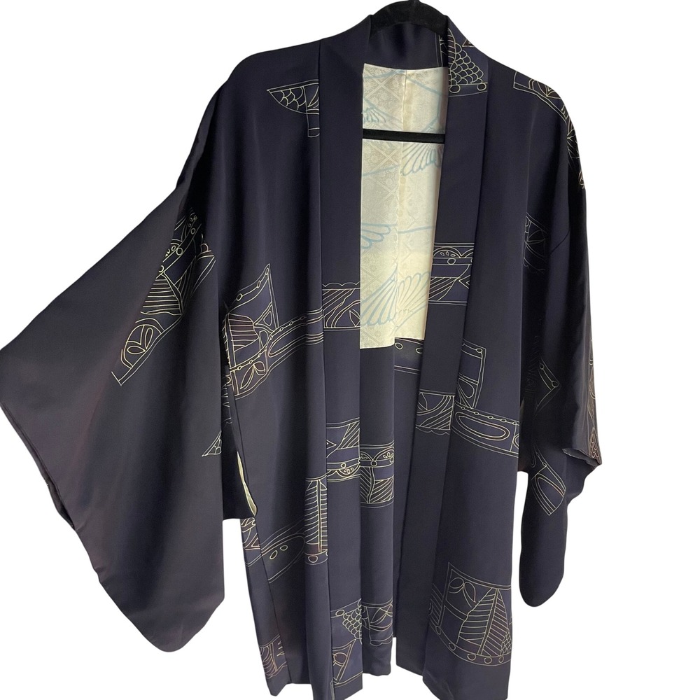 Vintage Unisex Haori Kimono Jacket Size M Navy Graphic Art Handmade Mid Length